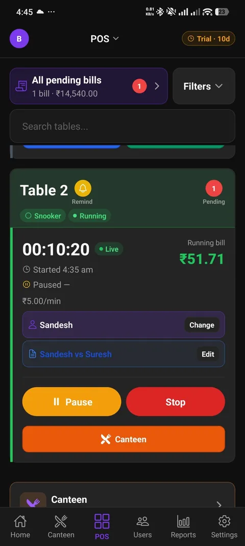 CueBill POS running live on an Android phone