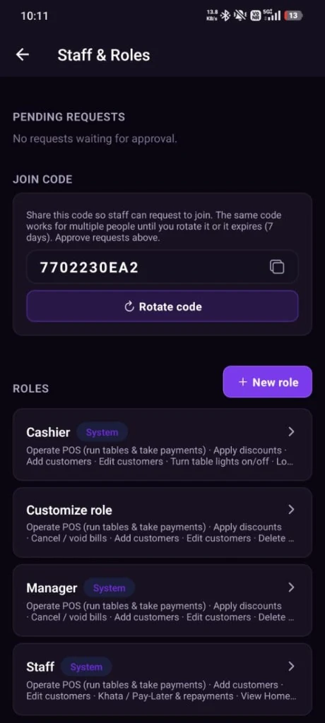 CueBill on Android — Staff & roles screen
