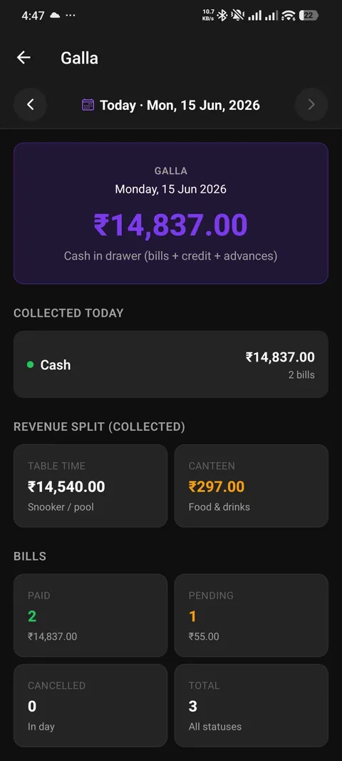 CueBill on Android — Daily collection screen
