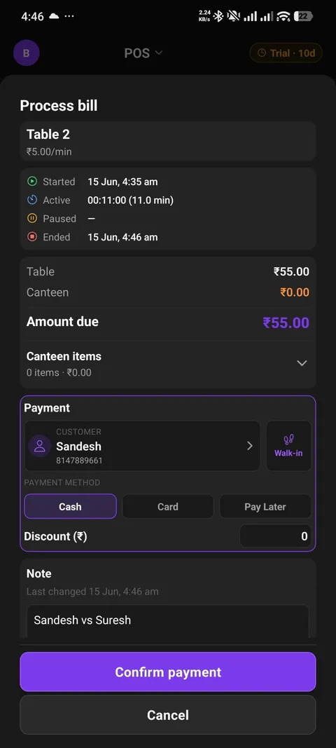 CueBill on Android — One-tap checkout screen