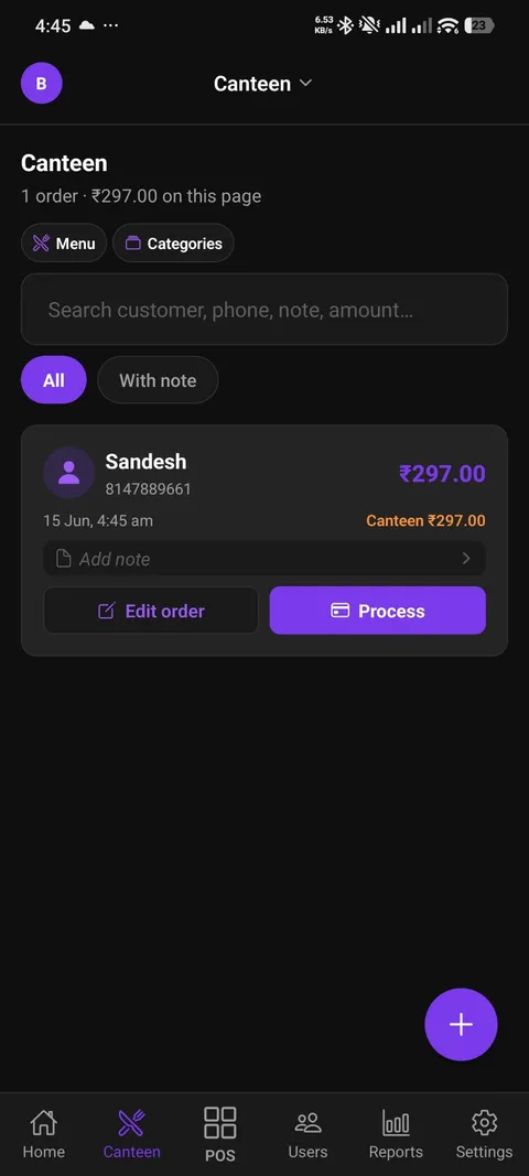 CueBill on Android — Canteen orders screen
