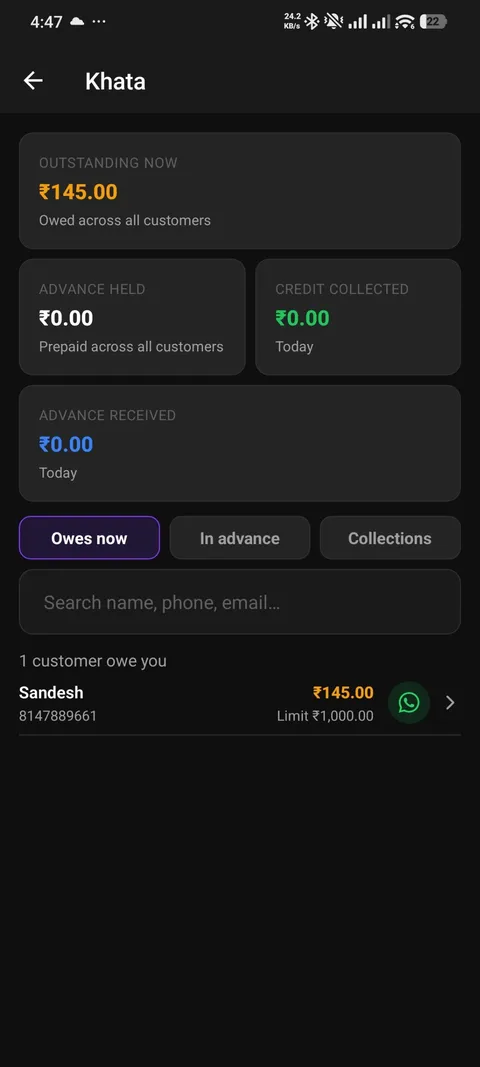 CueBill on Android — Khata / pay-later screen