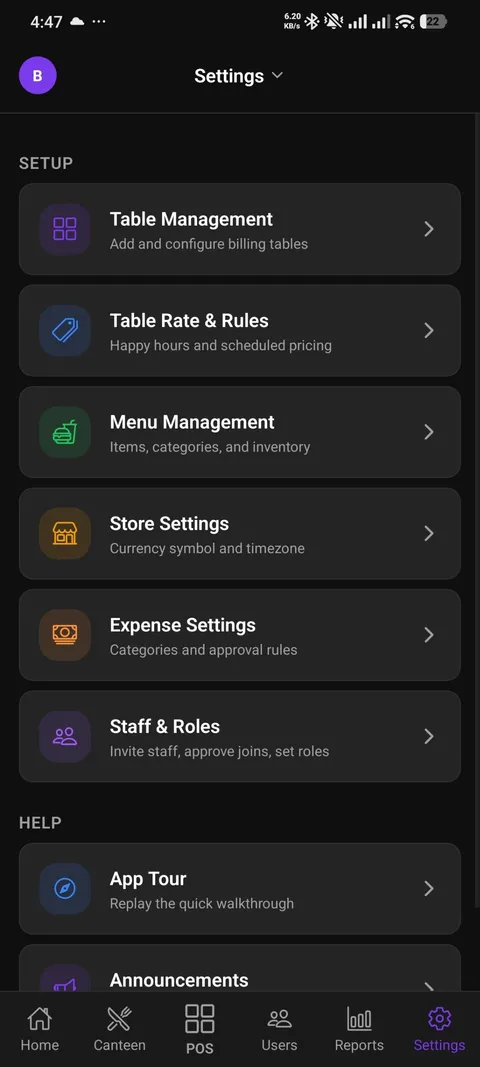 CueBill on Android — Easy setup screen