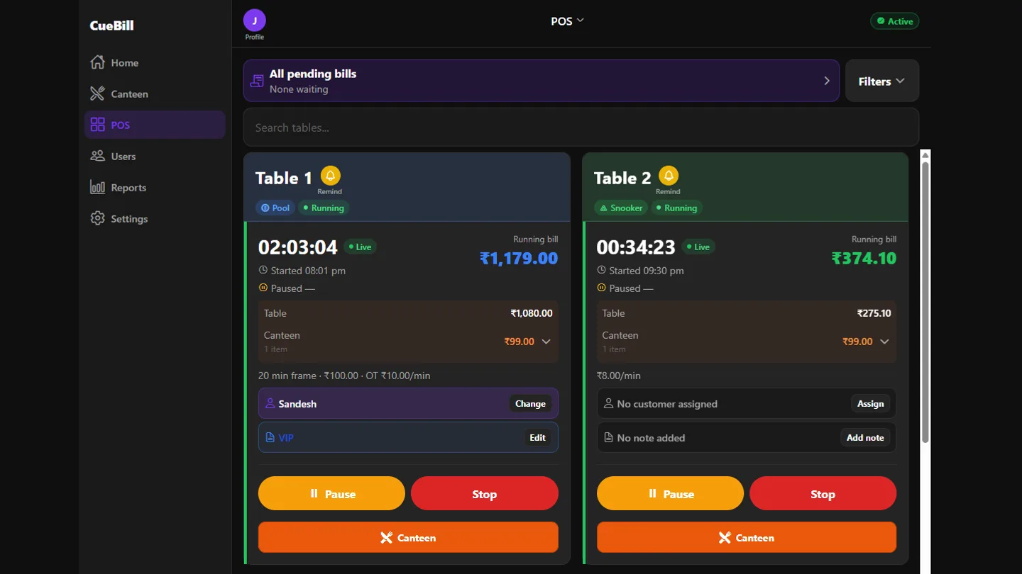 CueBill POS dashboard showing live per-minute and frame billing for snooker and pool tables, with running bills and canteen orders